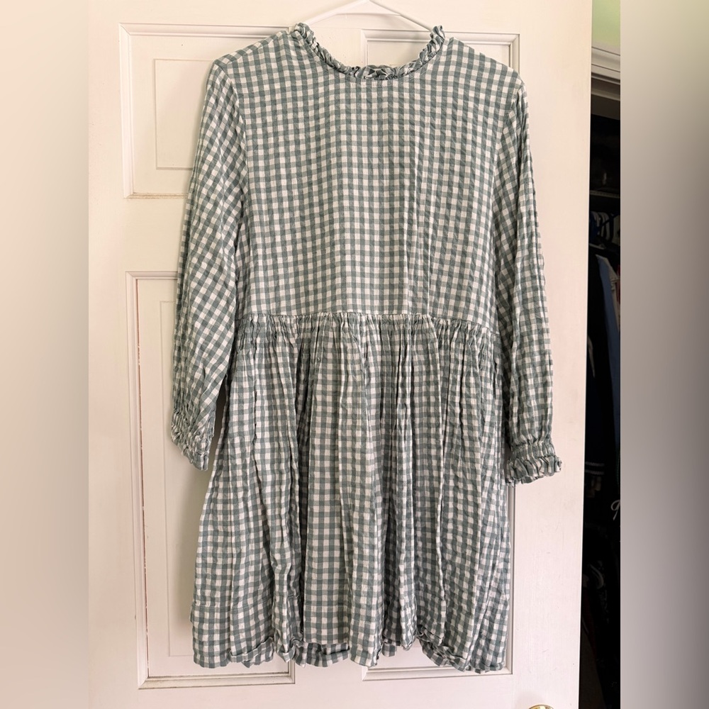 Free People Green Gingham Long Sleeve Dress